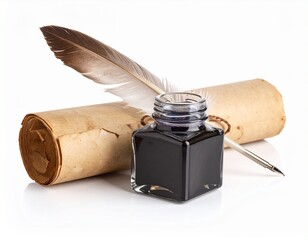 a black and white illustration of a scroll of paper with a quill pen resting on top of it. Old document writing tool antique paper roll feather pen for vintage letter.