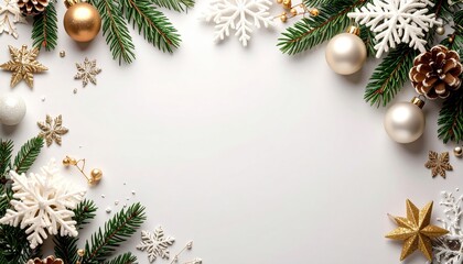 Festive holiday decoration scene indoor setting image of christmas ornaments and snowflakes cozy environment top-down view seasonal celebration