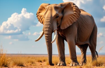 A majestic elephant standing in a vast open savannah under a bright blue sky with scattered clouds