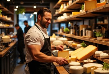Man shopping for cheese in a specialty store with shelves of cheese and accessories