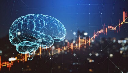 Advanced artificial intelligence represented by a glowing brain, processing financial data with a rising stock chart over a city skyline.