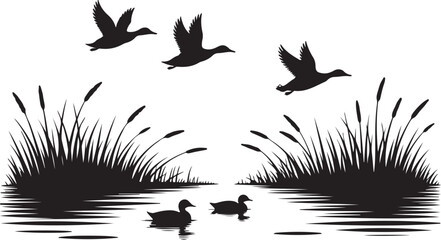 Silhouette Flying Ducks over Wetland with Marsh Grass Black on White Isolated