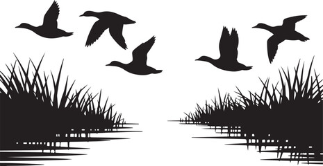 Silhouette Flying Ducks over Wetland with Marsh Grass Black on White Isolated