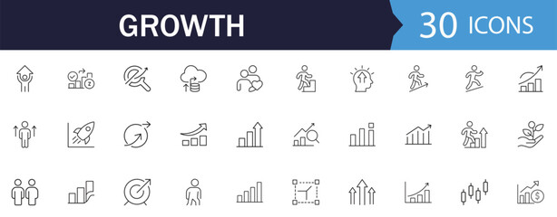 Growth line Icon Set. Features icons of chart, target, success, and strategy. Perfect for finance apps and corporate presentation UI.