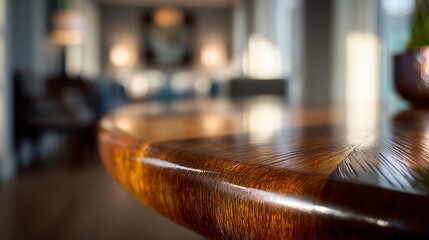 Obraz premium Close-up of a Varnished Wooden Table Surface in Warm Interior