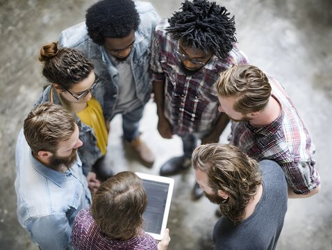 Diverse group of coworkers collaborate using tablet standing in circle, discussing ideas and strategy together.