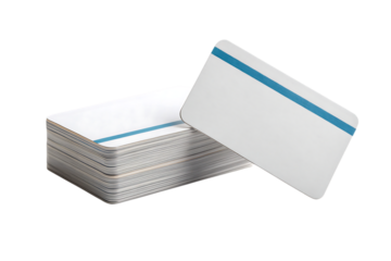 A stack of white cards with a blue stripe on a black background with one card slightly separated created with generated ai