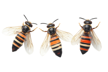Small striped bees with transparent wings gather on a flower during springtime in a sunny garden, showcasing their delicate features and vibrant colors