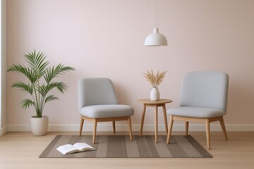 Serene Minimalist Living Room Scene Featuring Two Light Grey Upholstered Chairs and a Small Wooden Side Table
