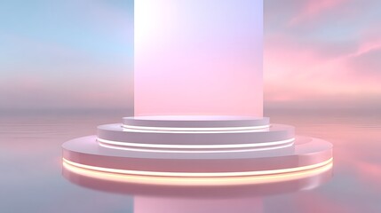Futuristic illuminated stage podium on calm water with pastel sky background