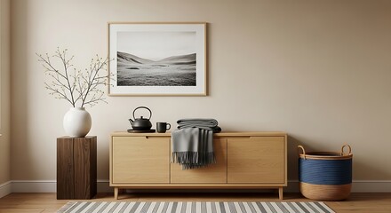Minimalist interior with natural light featuring wooden sideboard teapot blanket and black and white mountain landscape photograph creating a serene and inviting atmosphere