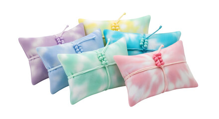 Scented sachets in tie-dye pastel fabric, isolated on white background