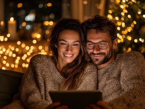 A smiling couple looks at a tablet screen while sitting near the Christmas tree with lights at night indoors.