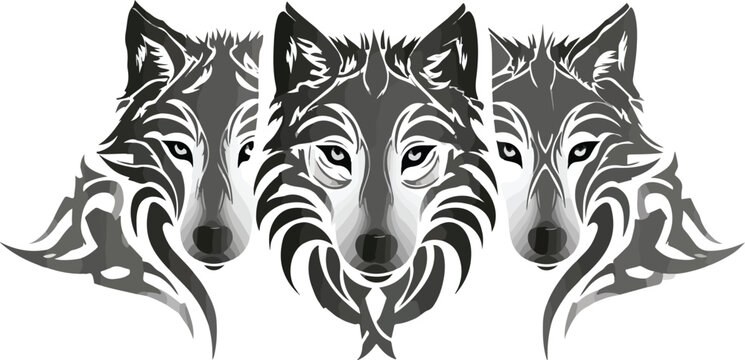 Three stylized wolf portraits in tribal pattern