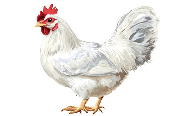 Fototapeta premium White chicken standing on a transparent background with detailed feathers and a colorful comb, showcasing its natural grace and beauty in a minimalist setting for art lovers