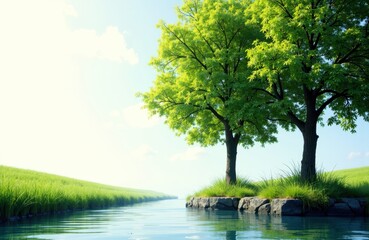 Lush green trees grow beside a calm river in a peaceful natural landscape