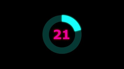 Numerical counting from 0 to 21. Circular progress bar with bright neon Cyan light , countdown Cyan animation timer circle countdown, live, stream, exercise, workout transparent background. 4k video