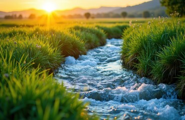 Naklejka premium Sunset over a flowing river surrounded by lush green grass and rolling hills