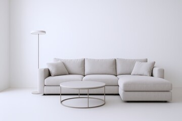 Modern sectional sofa and minimalist coffee table illuminated by a sleek floor lamp in a bright, airy living space.