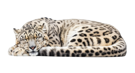 Sleeping snow leopard in curled pose, isolated on white background