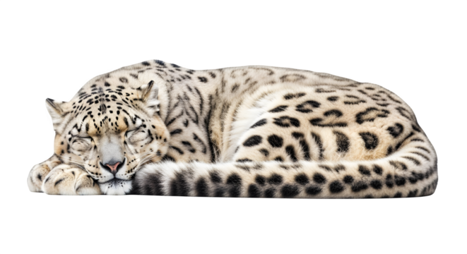 Sleeping snow leopard in curled pose, isolated on white background