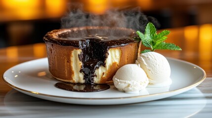 Dark ganache topped chocolate lava cake with molten center flowing on white ceramic plate with gold rim, served with vanilla ice cream scoops and fresh mint garnish in upscale restaurant