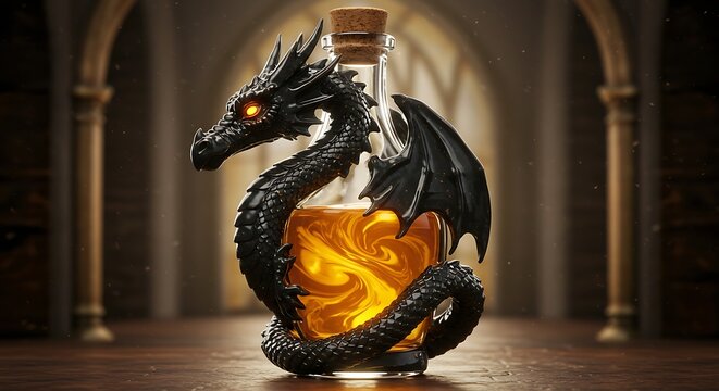 Mystical dragon protects potent elixir in ancient chamber
