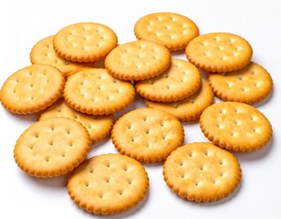 Close up of round crackers piled on a white surface for culinary presentation