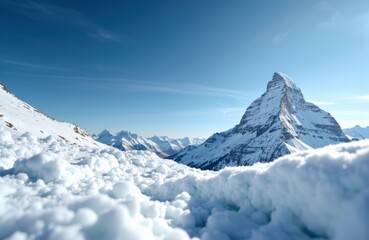 Obraz premium Majestic snow-covered mountain peak rising above clouds under a clear blue sky