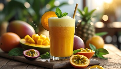 Close-up shot of freshly blended mango-orange juice with frothy layer, bamboo straw, mint garnish, and condensation, surrounded by colorful tropical fruits, in warm natural light and rustic setting.