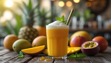 Fototapeta premium Refreshing tropical mango-orange juice in a crystal-clear glass with frothy top and mint leaves, set among ripe mangoes, pineapples, and oranges on a wooden table, with sunny bokeh café scene behind.