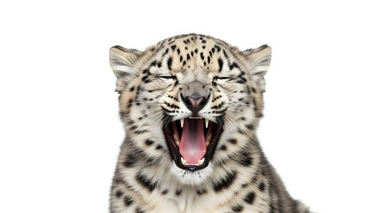 Obraz premium Snow leopard cub yawning with visible fangs, isolated on white background
