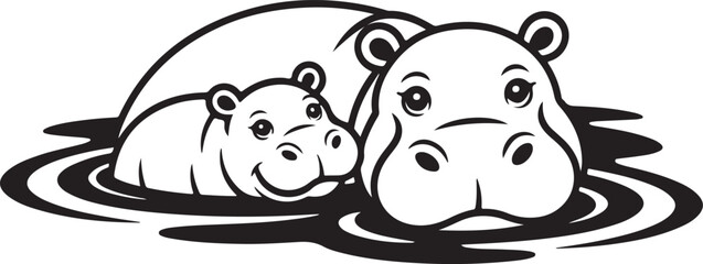 Black and White Illustration of Two Hippos Partially Submerged in Water