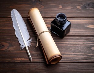 a black and white illustration of a scroll of paper with a quill pen resting on top of it. Old document writing tool feather pen on paper roll for note taking.
