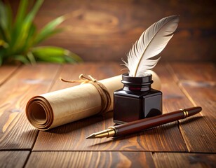 a black and white illustration of a scroll of paper with a quill pen resting on top of it. Old document writing tool vintage paper feather pen for letter antique art.