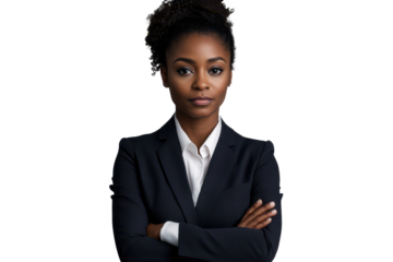 Business woman posing confidently in a tailored suit with arms crossed, against a clean white background