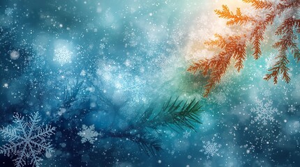 Frosty morning fantasy with intricate snowflakes, sparkling ice, and crystalline patterns, combining shades of blue, green, and warm orange sunlight over a dreamy winter wonderland landscape.