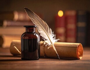 a black and white illustration of a scroll of paper with a quill pen resting on top of it. Old document writing tool feather pen on paper roll for historic record.