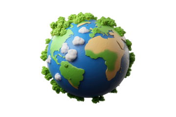 Cartoon planet Earth icon featuring lush greenery and clouds in a vibrant design representing environmental awareness and global unity