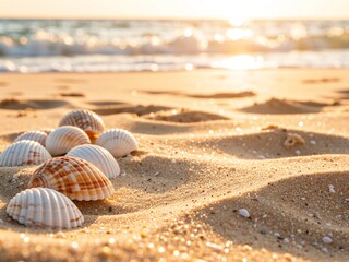 Seashells resting on sandy beach at sunset: golden hour serenity