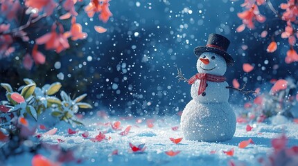 Festive Christmas watercolor art of a joyful snowman under snowfall, vibrant paint splashes, fairy tale winter night, magical atmosphere, artistic petals and leaves, high-resolution 8K illustration.