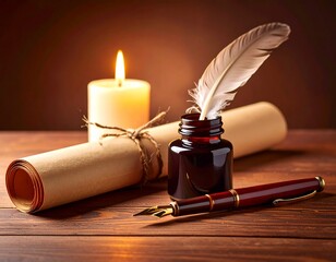 a black and white illustration of a scroll of paper with a quill pen resting on top of it. Old document writing tool for author idea and vintage story creation.