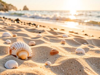 Seashells resting on golden sand at sunrise on beach