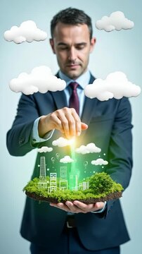 CO2 emission reduction concept, businessman with environmental technology Icons, global warming, sustainable development, renewable energy business. climate change, carbon capture,.