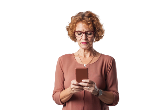 Middle aged woman engaging with her smartphone in a bright, well-lit environment while focused on her device and enjoying a moment of connectivity