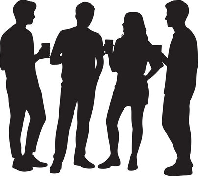 Black and White Silhouette of Four Young People Standing in Conversation