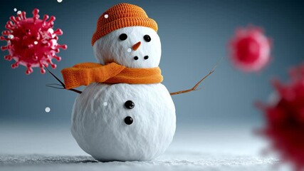 Snowman wearing orange hat and scarf, surrounded by floating virus models, creates a whimsical winter scene, blending holiday cheer with a playful reminder of health awareness and safety measures