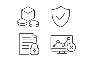 Icon set representing concepts of security, data analysis, and document protection in a minimalist style