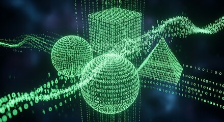 Abstract geometric shapes formed by green binary code data streams