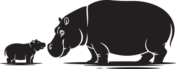 Adorable Silhouette Illustration of Hippo Mom and Baby in Water Black on White Isolated
